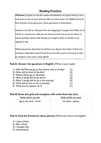 French reading: Hobbies/free-time in perfect tense