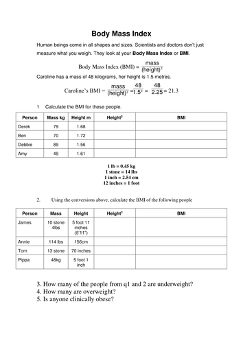 Ks4 Biology Body Mass Index Bmi Worksheet Teaching Resources