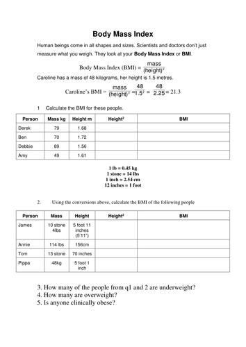 KS4 Biology Body Mass Index BMI  worksheet