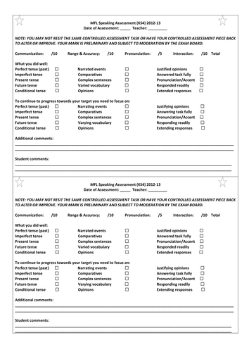 MFL Assessment Feedback Stickers Tick Box
