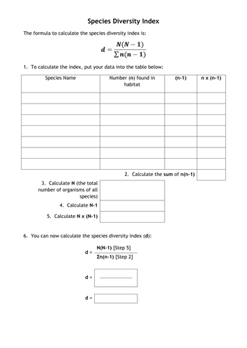 AQA Species Diversity Index Calculation Worksheet