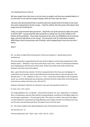 Gravity, air resistance, parachutes, falling time