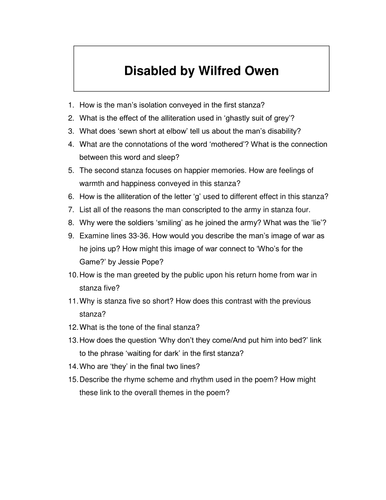 Questions on the poem 'Disabled' by Wilfred Owen