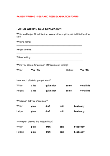 Paired writing - Evaluation forms