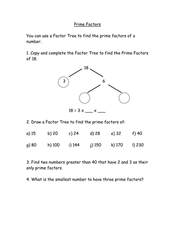 prime factors using a factor tree teaching resources