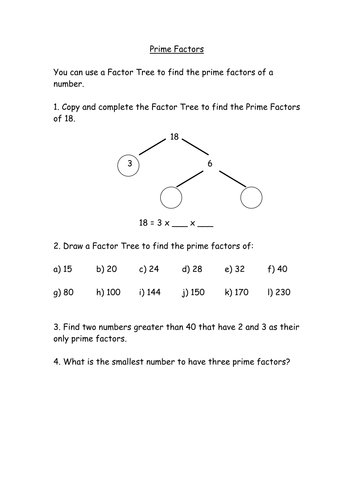 Prime Factors Using A Factor Tree Teaching Resources