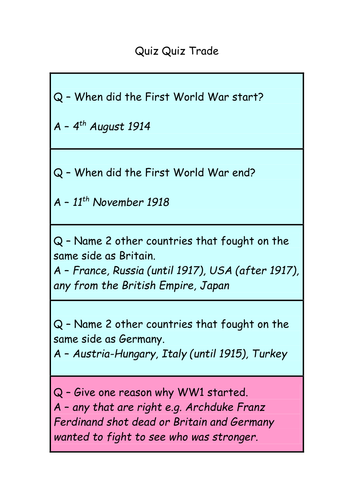 Potted History Ww1 Quiz Quiz Trade Teaching Resources