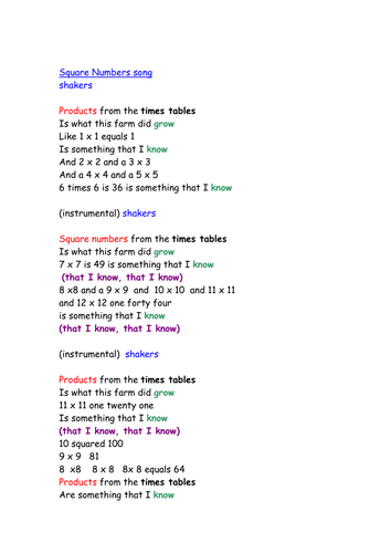 Square numbers song and lyrics and Smartboard
