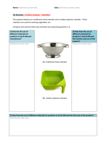 A2 Product Design - Exam Revision E-Worksheets