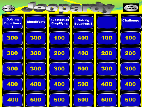 Maths Jeopardy Game Algebra KS3 level 6 and 7
