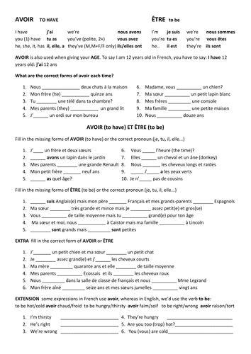 french verbs avoir and etre worksheet teaching resources