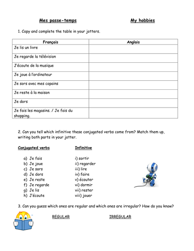 French hobbies grammar worksheet