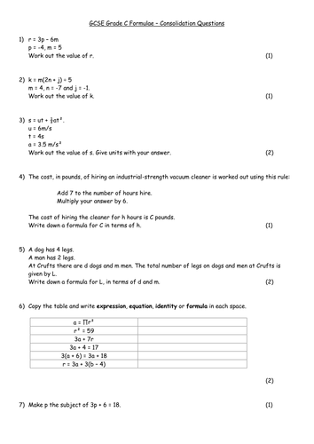 Grade C Formulae Consolidation Questions