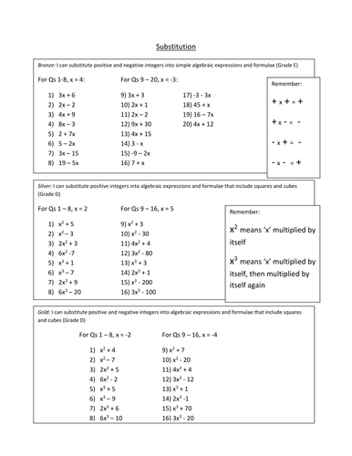 Substitution Differentiated Worksheet (Grade E/D)