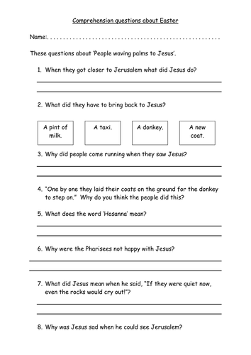 Comprehension questions on the Easter Story