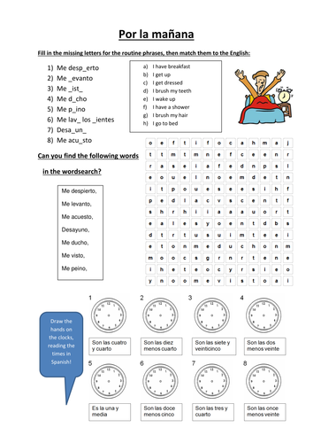 spanish routine time worksheet teaching resources