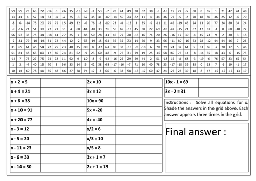 Solving linear equations (easy) - Shade out grid
