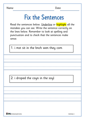 SPaG Fix The Sentences By TesPrimary Teaching