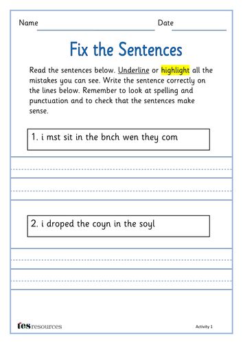 spag fix the sentences by tesprimary teaching