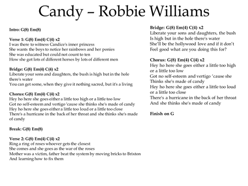 Candy Robbie Williams Chords And Lyrics Teaching Resources 