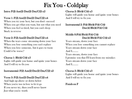 Fix You - Coldplay; chords and lyrics
