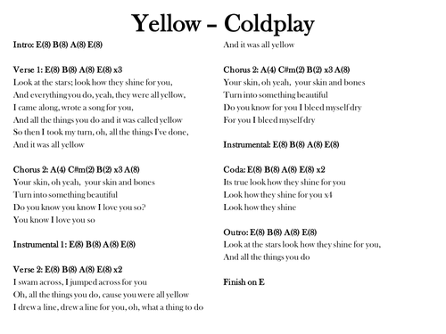 Yellow - Coldplay; chords and lyrics | Teaching Resources
