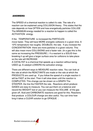 AQA C2.4  Rates of Reaction - Cloze Revision