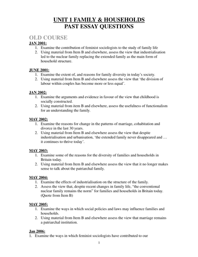 Families & Households Revision Booklet Activity