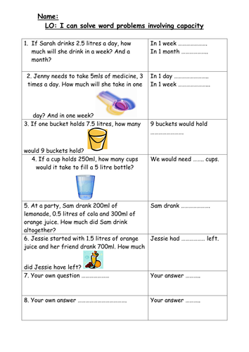 capacity word problems differentiated teaching resources