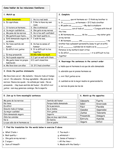 worksheet vocabulary ks3 Family relationships GCSE Spanish quickie by revision