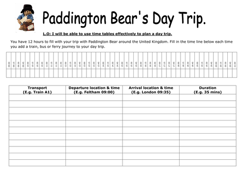 KS2 maths Paddington Bear timetable activity