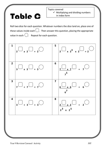 Multiplying and dividing in index form worksheet