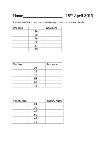 One More One Less Ten More Ten Less Teaching Resources