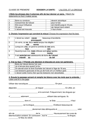 French worksheet: young people, drugs and alcohol