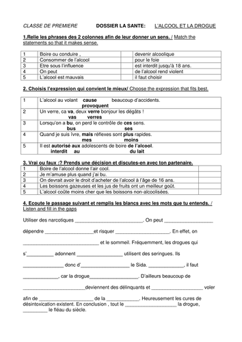 French Worksheet: Young People, Drugs And Alcohol 