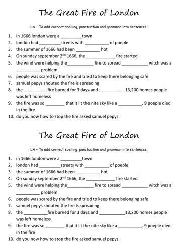 Great Fire of London - SPaG activity