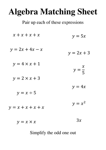 Algebra Matching Sheet | Teaching Resources