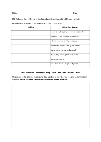 animals in a habitat worksheet teaching resources