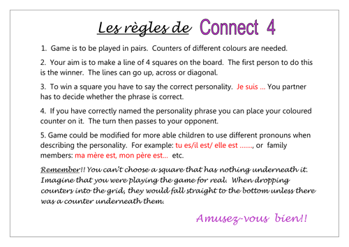 KS3 French Connect 4 - Les personnalitiés