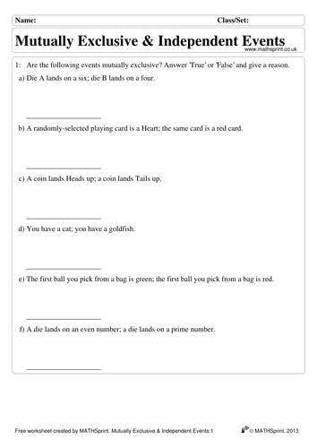 Probability Mutually Exclusive Events Worksheet 1 Answer Key