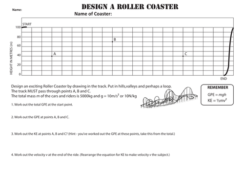 Design a Rollercoaster worksheet - GPE & KE | Teaching Resources
