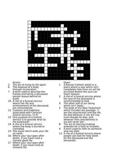 Crossword on The End of Life B601 Teaching Resources