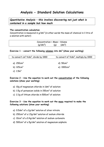 Concentration Calculations Worksheet for GCSE by beccykg - Teaching