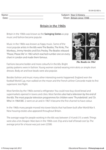 Britain in the 1960s - KS2 Worksheet