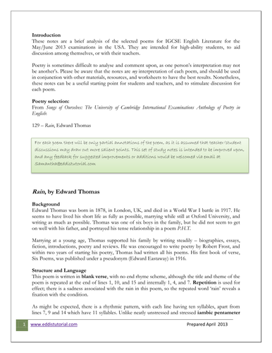 CIE Poem: Rain by Edward Thomas