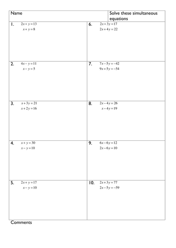 HW Simultaneous Equations -no multiplying | Teaching Resources