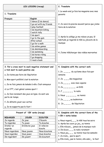 yr 7 french leisure homework sheet by gianfrancoconti1966