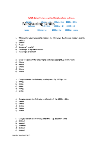 Measuring Units Worksheet | Teaching Resources