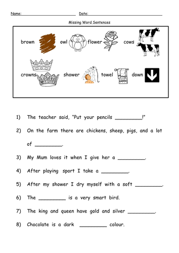 'ow' making the /ou/ sound Worksheets