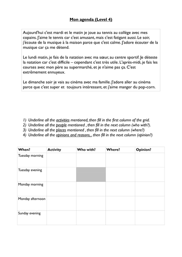 Reading activity - model for writing about sports